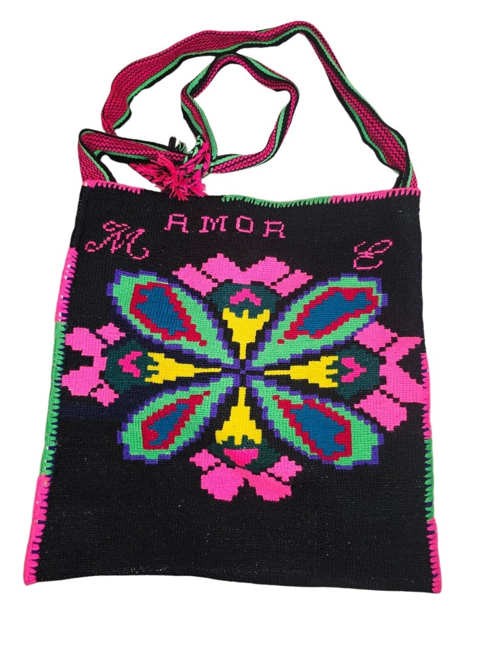 💰Handwoven Black Shoulder Bag with Pink & Multicolor Floral Motif